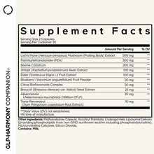 Supplement Facts label for GLP-Harmony Companion+ showing ingredients including Lion's Mane mushroom extract, PEA, bovine col