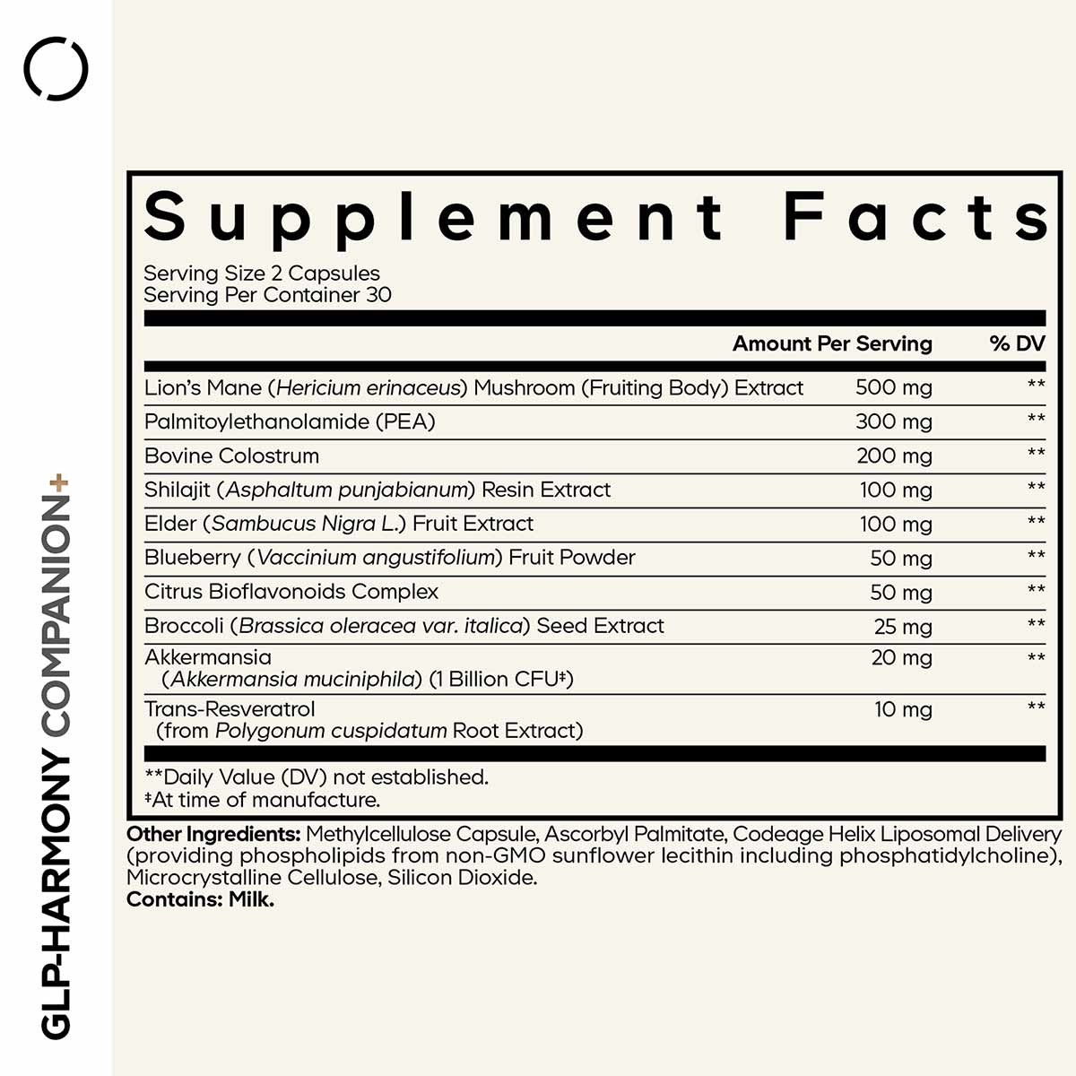 Supplement Facts label for GLP-Harmony Companion+ showing ingredients including Lion's Mane mushroom extract, PEA, bovine col