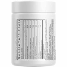 White cylindrical supplement container with white cap and black text label listing supplement facts and ingredients.