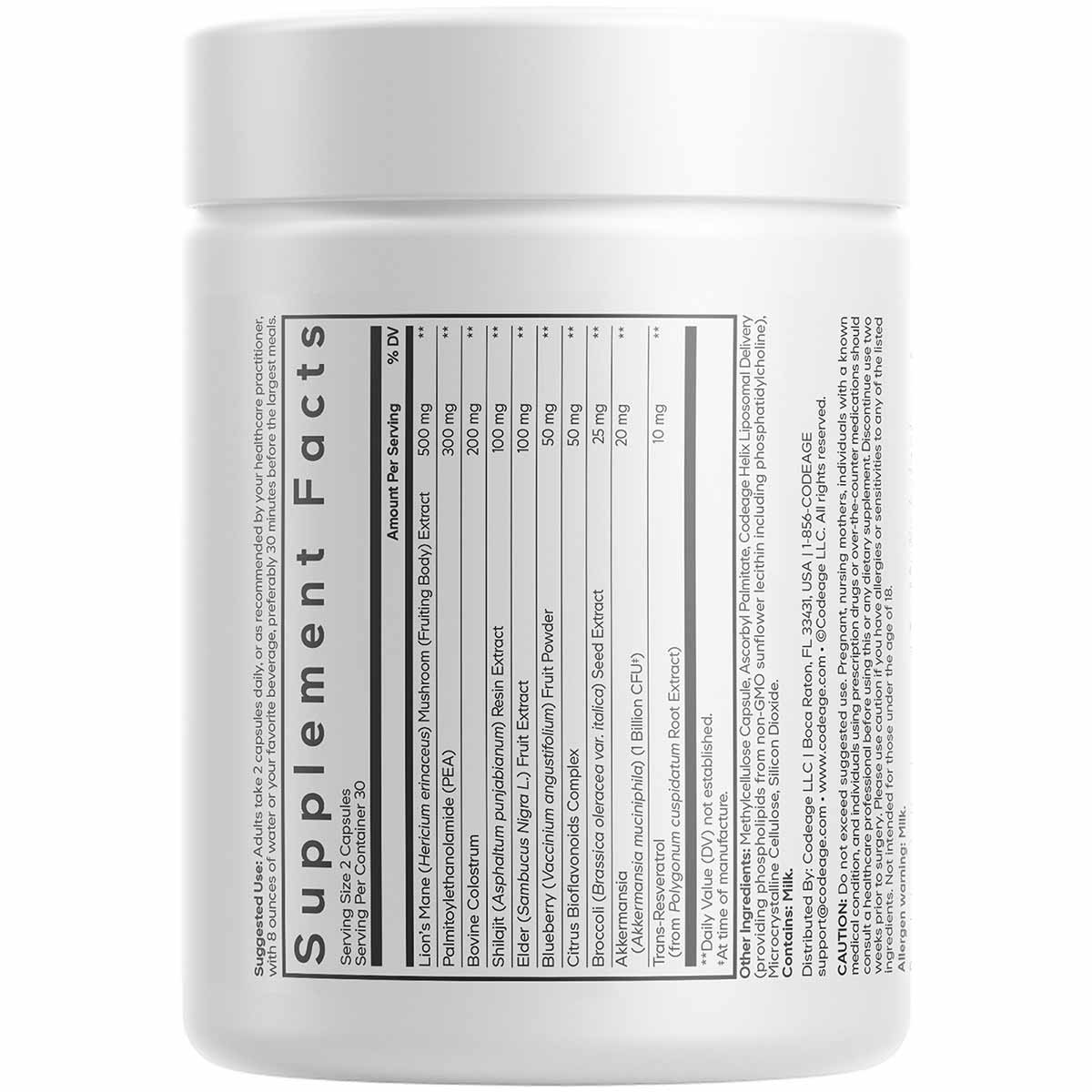White cylindrical supplement container with white cap and black text label listing supplement facts and ingredients.