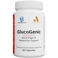 White bottle of GlucoGenic dietary supplement with white cap, red stripe on left side, and blue/orange branding logos.