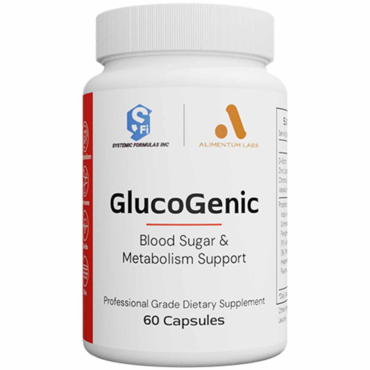 White bottle of GlucoGenic dietary supplement with white cap, red stripe on left side, and blue/orange branding logos.