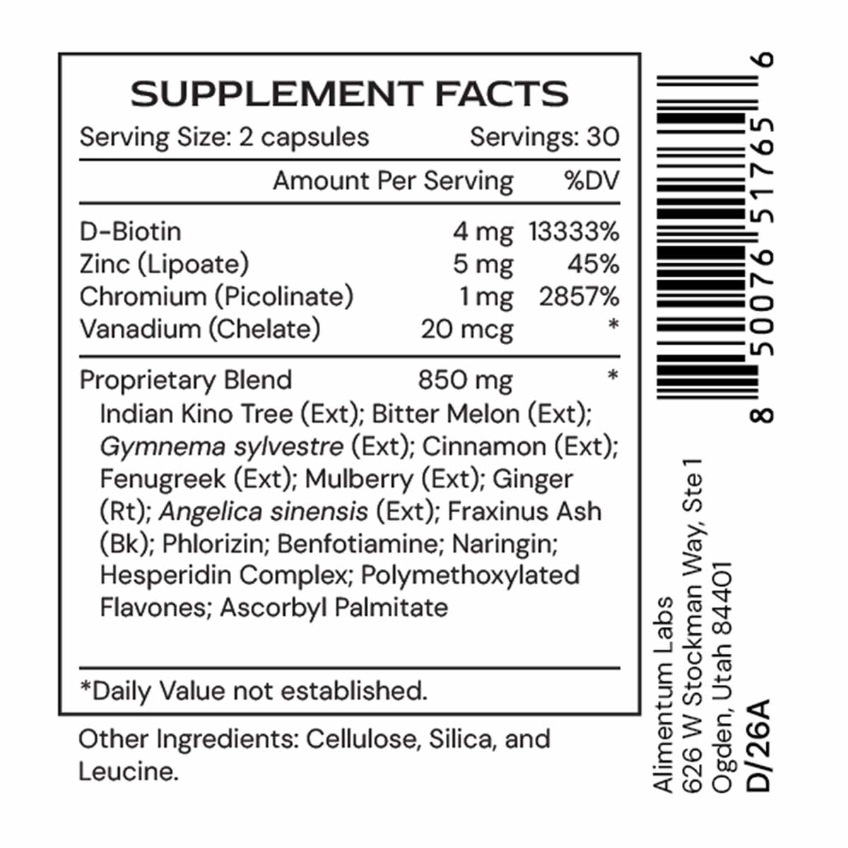 Supplement Facts label for GlucoGenic capsules showing serving size, ingredient list, and nutritional information including D