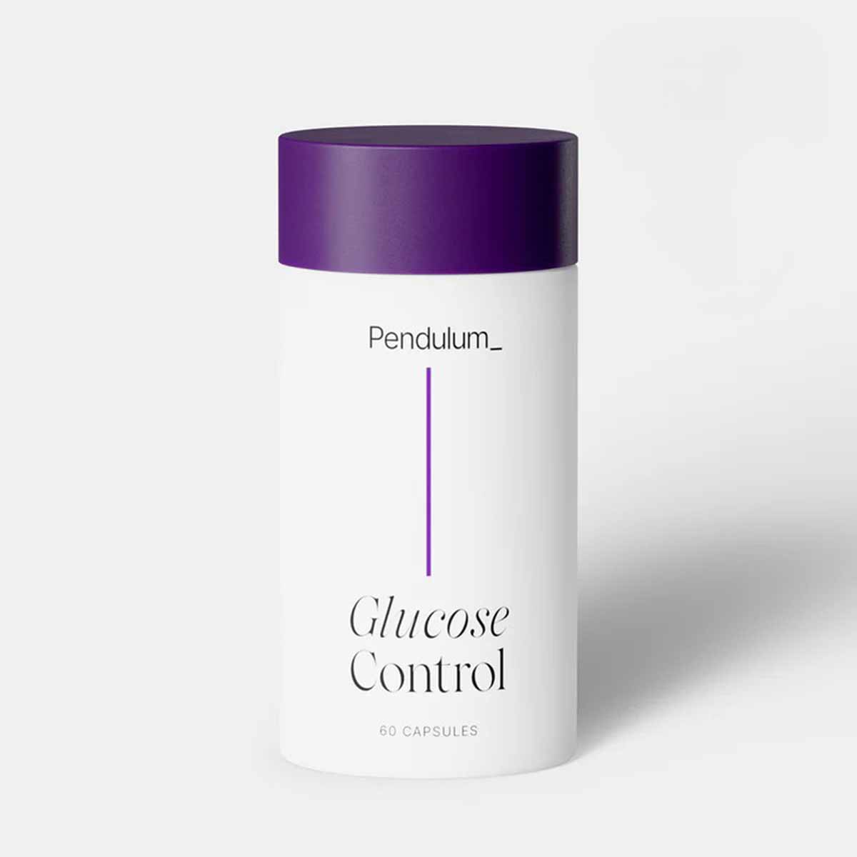 White cylindrical bottle with purple cap labeled "Pendulum_ Glucose Control 60 capsules."