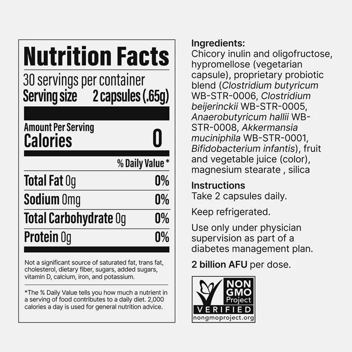 Nutrition Facts and ingredients label for Glucose Control probiotic capsule supplement with Non-GMO Project Verified certific