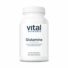 White bottle of Vital Nutrients Glutamine dietary supplement containing 100 vegan capsules with white screw cap.
