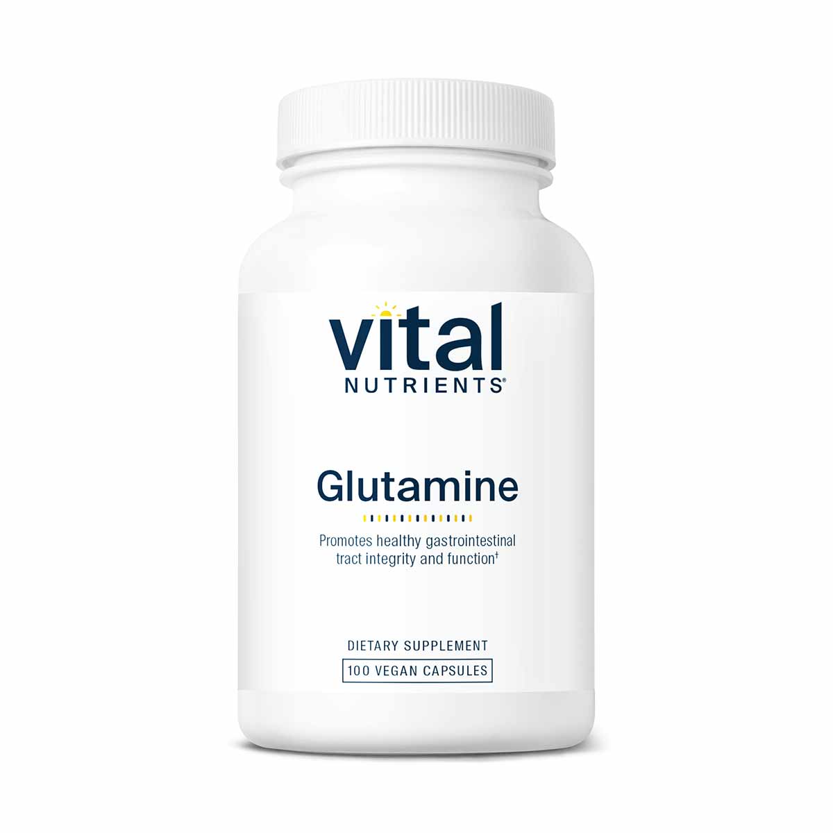 White bottle of Vital Nutrients Glutamine dietary supplement containing 100 vegan capsules with white screw cap.
