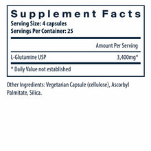Supplement Facts label showing L-Glutamine 3,400mg per serving, 4 capsules per serving, 25 servings per container.