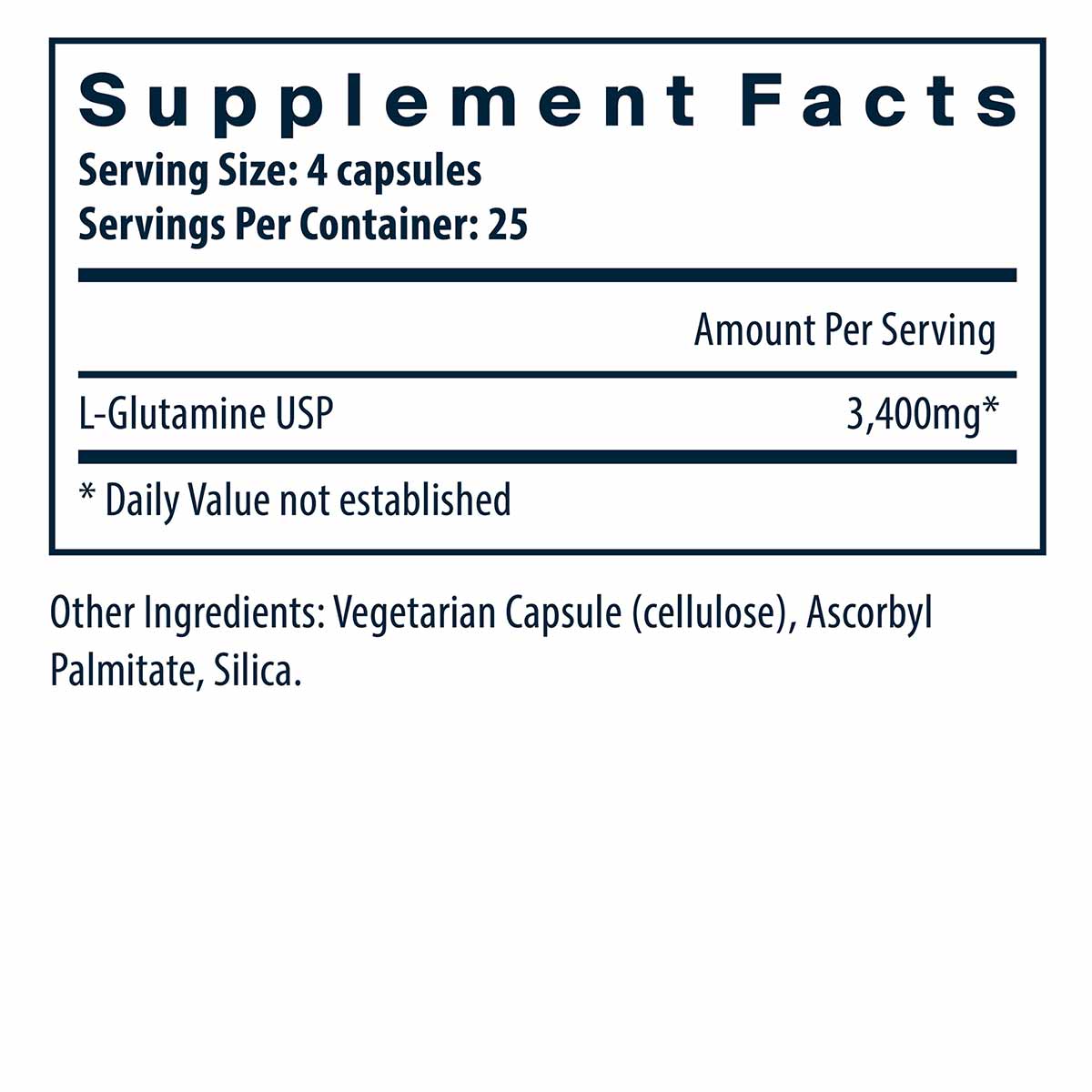 Supplement Facts label showing L-Glutamine 3,400mg per serving, 4 capsules per serving, 25 servings per container.