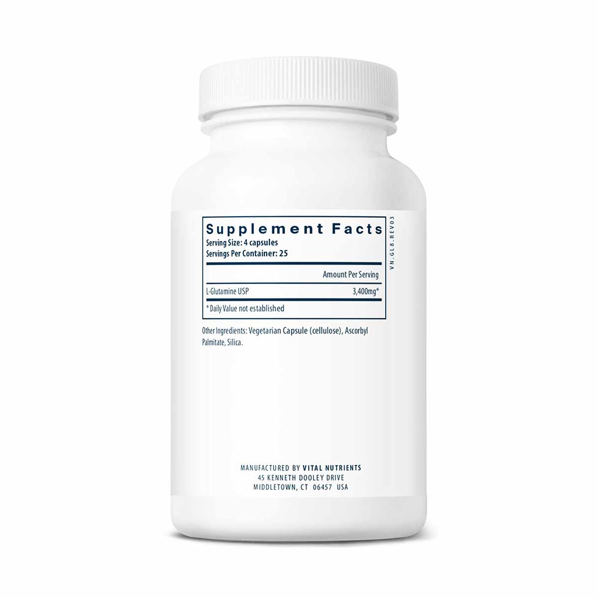 White plastic bottle of Vital Nutrients glutamine supplement with white cap and black label showing supplement facts.