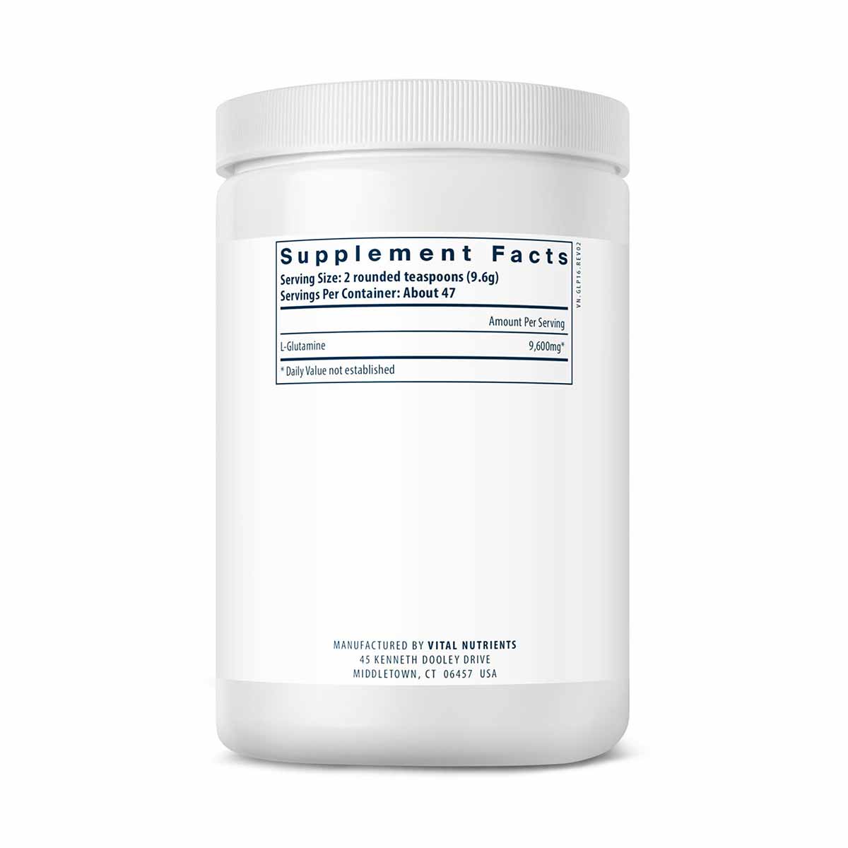 White powder container with white screw cap showing Supplement Facts label with L-Glutamine 9,600mg per serving.