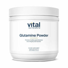 White plastic container with white screw-top lid labeled "Vital Nutrients Glutamine Powder," 225 grams, dietary supplement.