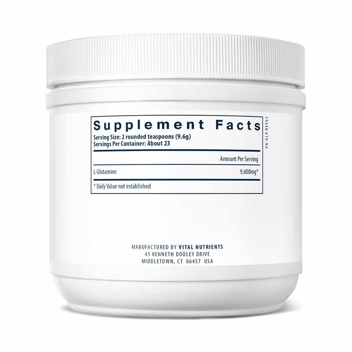 White plastic container with white screw-on lid labeled "Supplement Facts" containing L-Glutamine powder by Vital Nutrients.