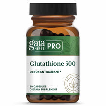 Gaia Herbs Pro Glutathione 500 supplement bottle with black cap containing 30 dark capsules visible through amber glass.