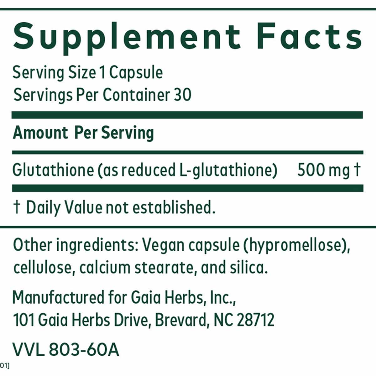 Supplement Facts label showing Glutathione 500mg per capsule, 30 servings per container, vegan capsule ingredients.