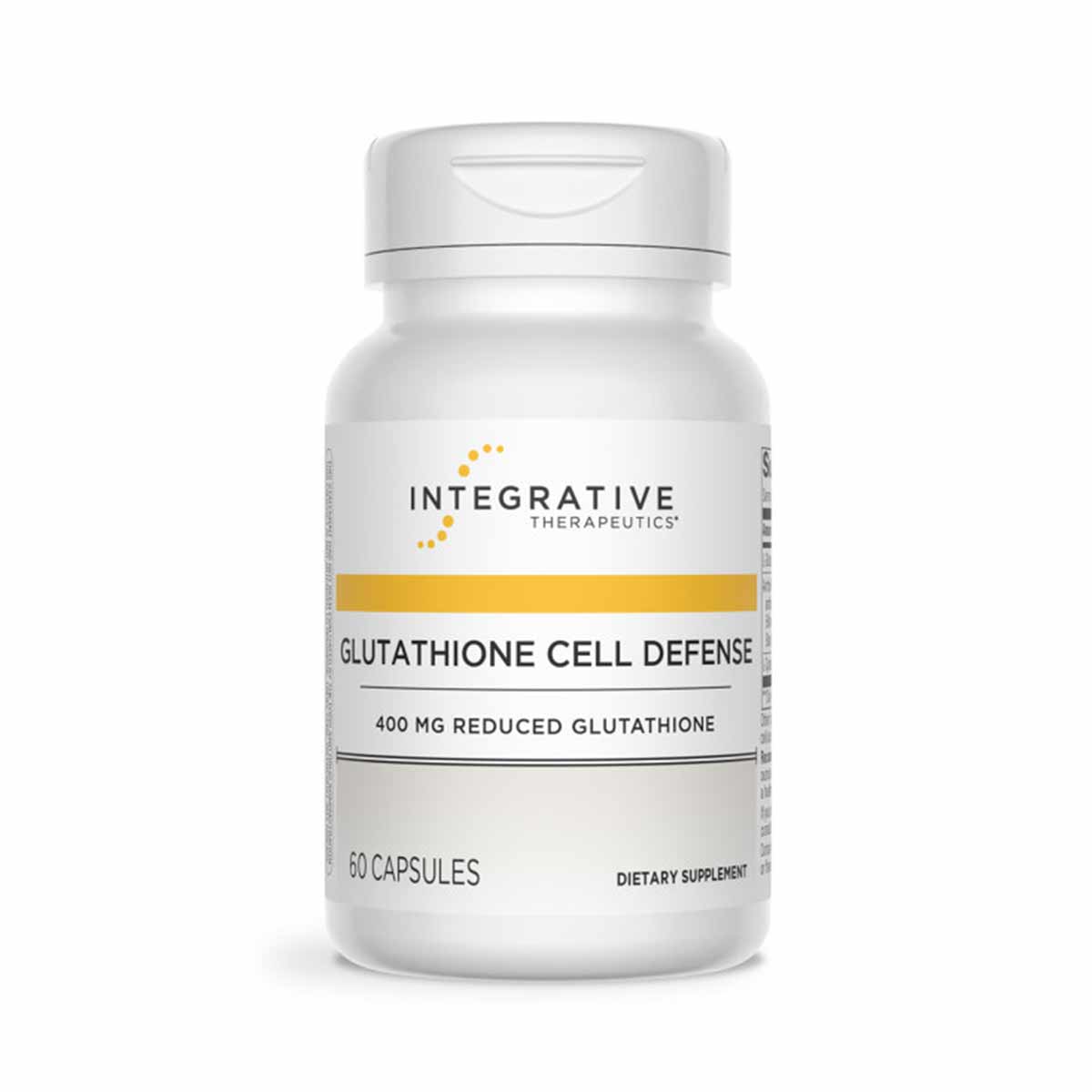White bottle of Integrative Therapeutics Glutathione Cell Defense 400 mg supplement with yellow band and gold logo.