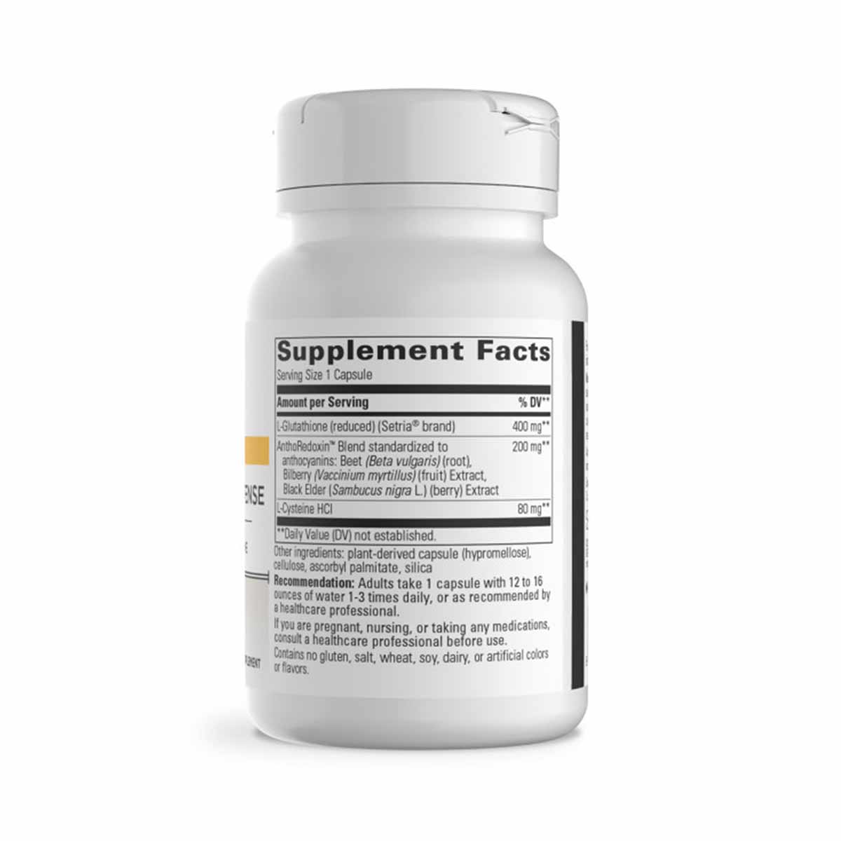 White supplement bottle with white cap displaying Supplement Facts label for Glutathione Cell Defense 400 mg capsules.