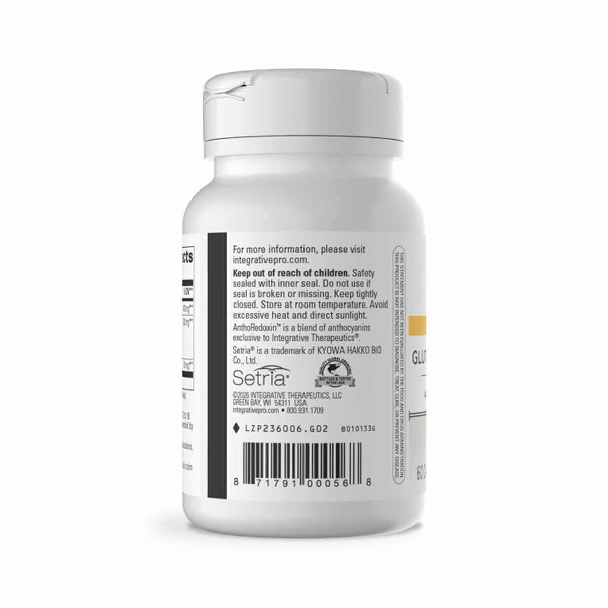 White supplement bottle with white cap labeled Glutathione Cell Defense 400 Mg by Integrative Therapeutics, 60 vegetable caps