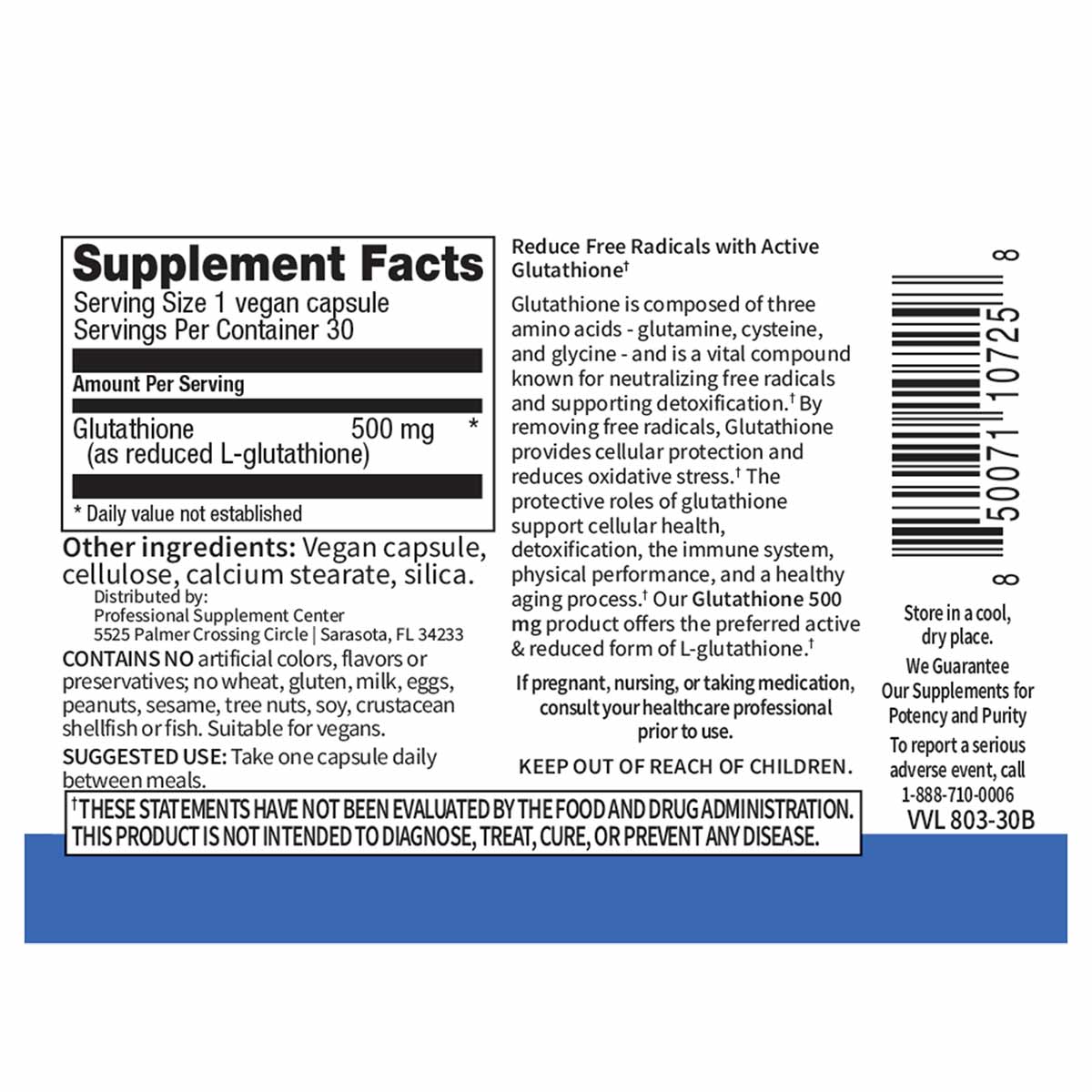Glutathione supplement label showing 500 mg reduced L-glutathione per vegan capsule with supplement facts and ingredients lis