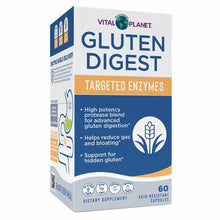Vital Planet Gluten Digest Targeted Enzymes dietary supplement box containing 60 acid-resistant capsules.