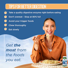 Woman eating noodles with digestive tips and product bottle displayed on blue background.