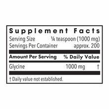 Supplement Facts label showing glycine powder serving size of 1/4 teaspoon containing 1000 mg per serving with approximately 
