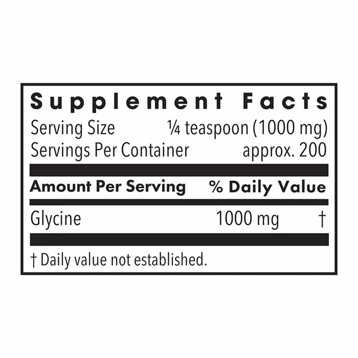 Supplement Facts label showing glycine powder serving size of 1/4 teaspoon containing 1000 mg per serving with approximately 