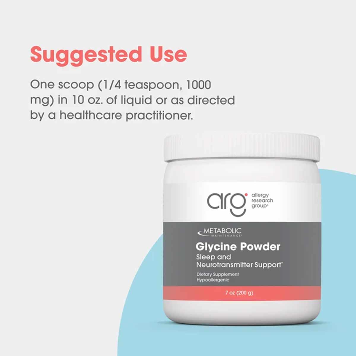 White plastic container with white screw cap labeled "Glycine Powder" by Allergy Research Group, 7 oz size.