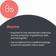 White capsule and circle icons on coral badge with "Glycine" text and product information on dark background.
