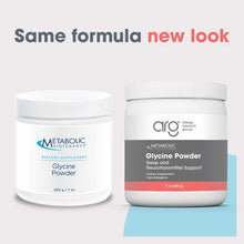 White plastic container of Allergy Research Group Glycine Powder, 7 oz, with gray and coral label.