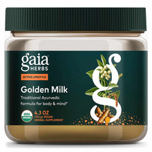 Gaia Herbs Golden Milk herbal supplement powder in clear jar with dark green label, 4.3 oz.