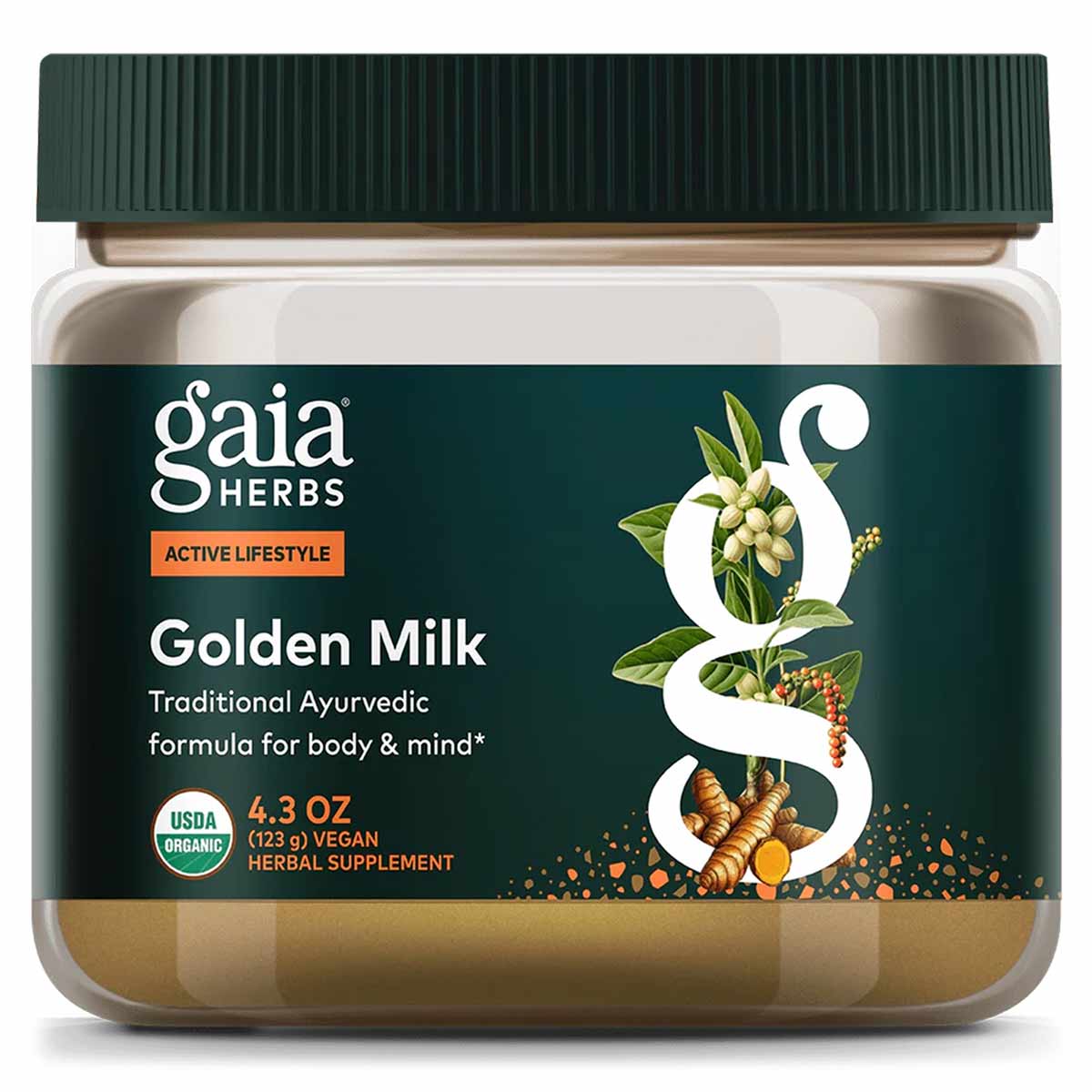 Gaia Herbs Golden Milk herbal supplement powder in clear jar with dark green label, 4.3 oz.