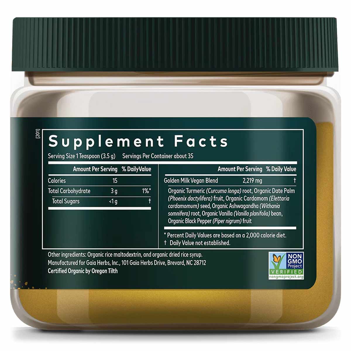 Glass jar with green cap containing golden-yellow powder supplement with dark teal label displaying nutrition facts.