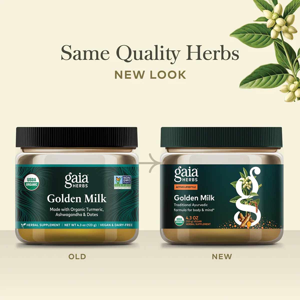 Gaia Herbs Golden Milk powder in old and new packaging, both tan-colored jars with black and green lids.