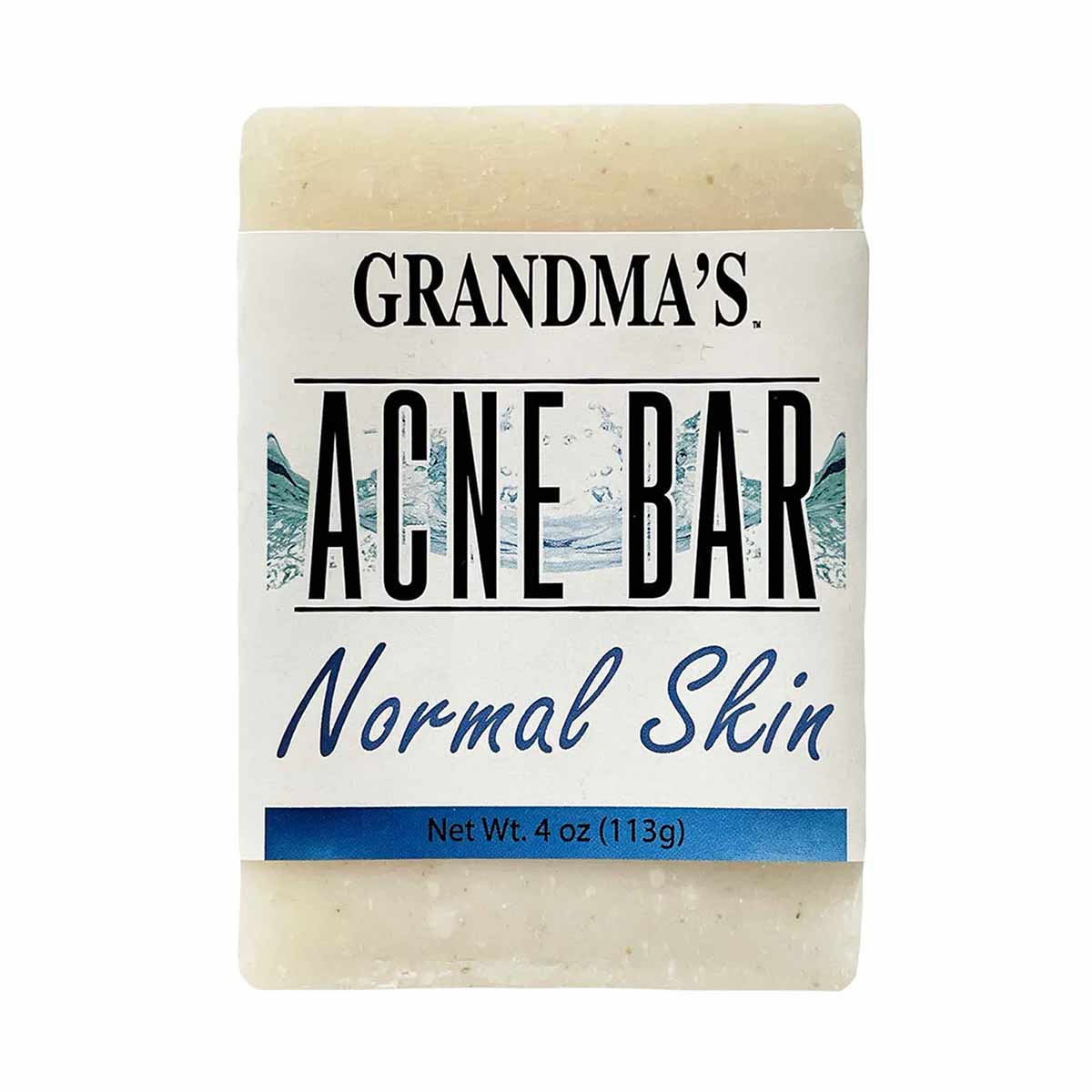 Grandma's Acne Bar soap for normal skin, 4 oz bar with cream color and speckled texture.