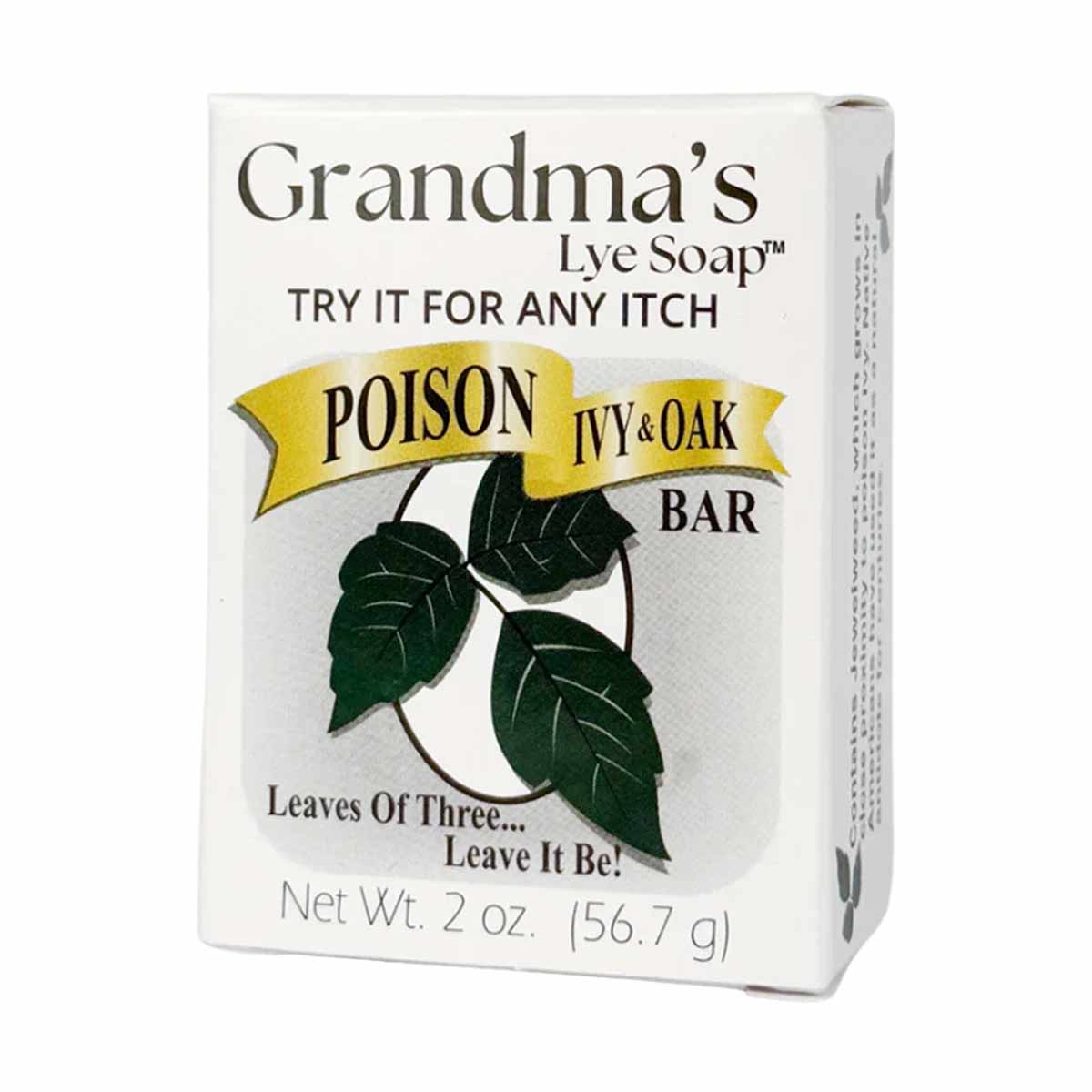 Grandma's Lye Soap bar with cream and white packaging featuring dark green leaf illustration and yellow banner.