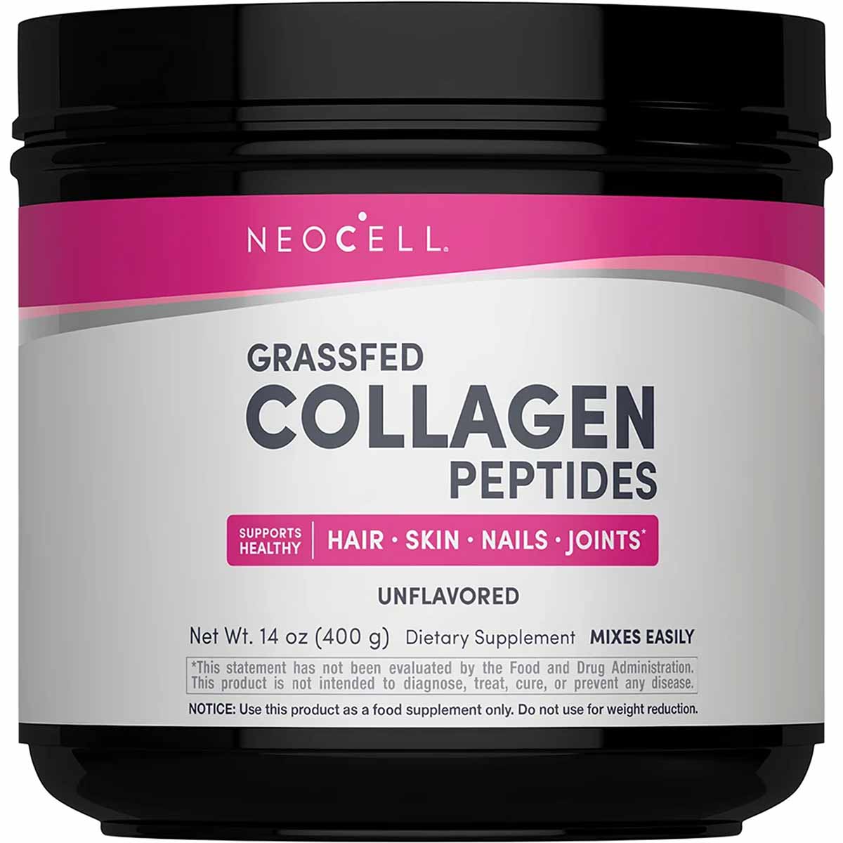 NeoCell Grassfed Collagen Peptides powder in black container with pink and white label, 14 oz.