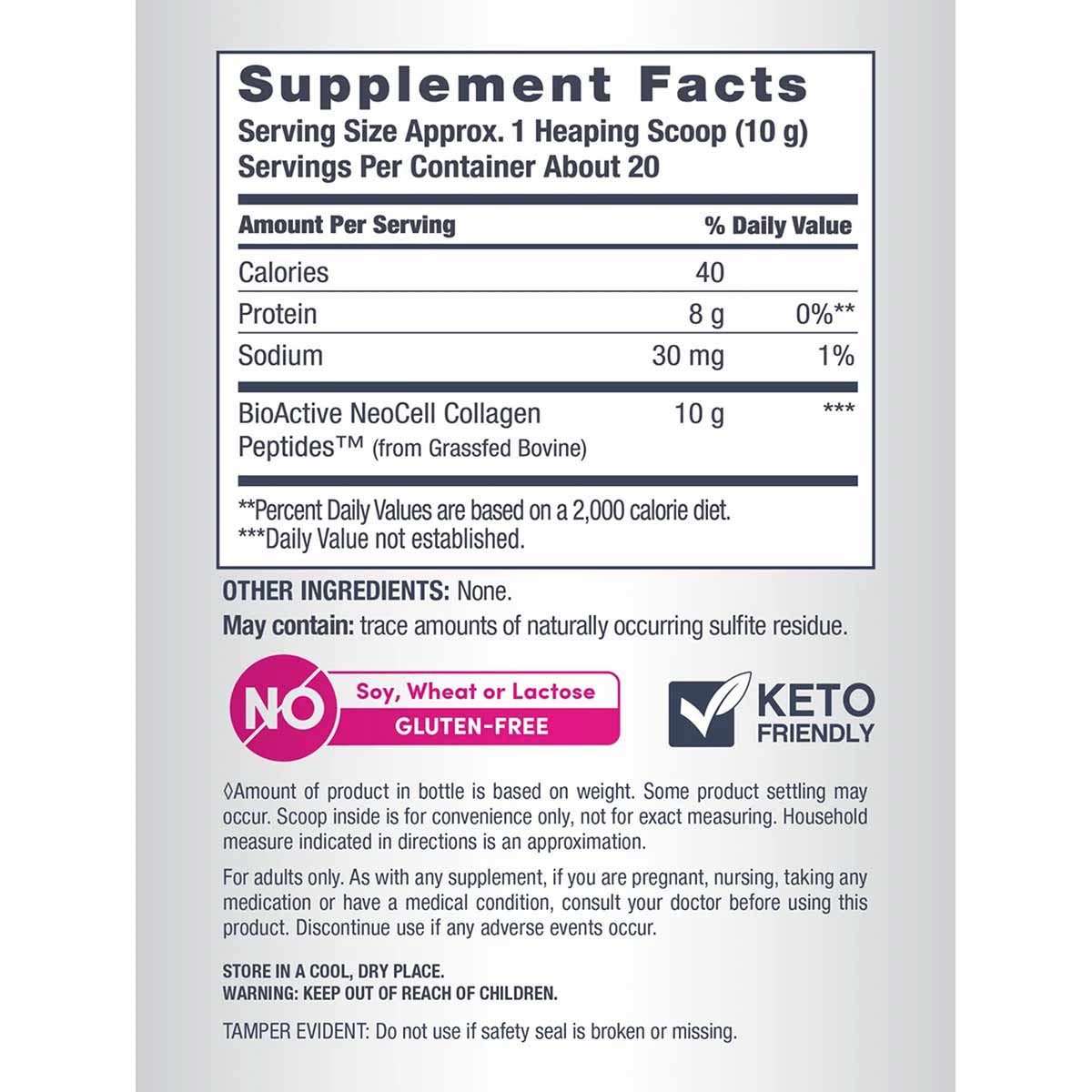NeoCell collagen peptides supplement facts label showing 10g BioActive collagen per serving, gluten-free, keto-friendly.