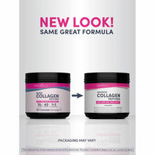 NeoCell collagen peptides powder in black containers showing old and new packaging labels side by side.