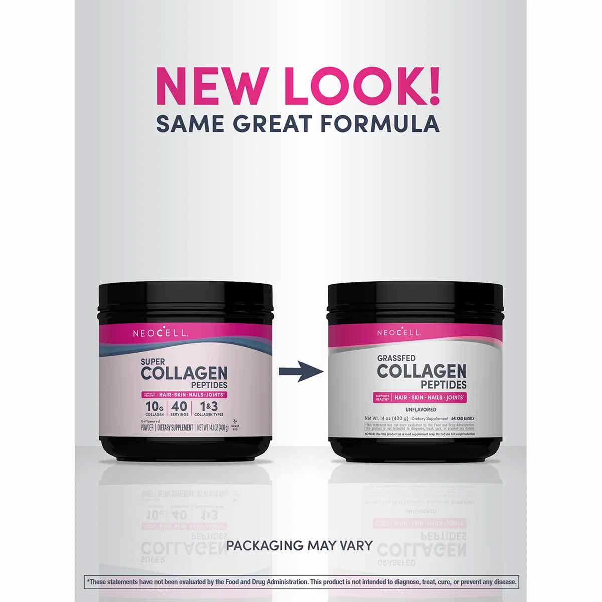 NeoCell collagen peptides powder in black containers showing old and new packaging labels side by side.