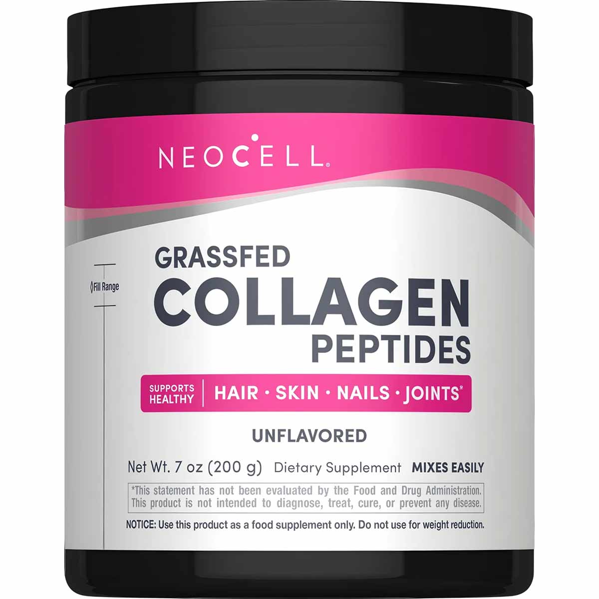 NeoCell Grassfed Collagen Peptides powder in black and pink container, 7 oz, unflavored dietary supplement.