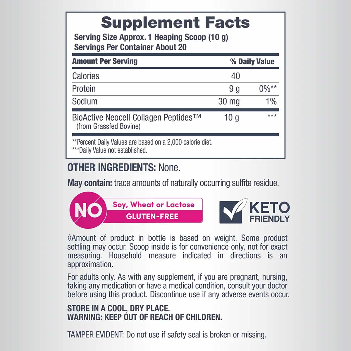 Supplement Facts label for NeoCell collagen peptides showing serving size, nutritional information, and product warnings.