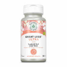 White bottle with pink floral label of Natural Balance Great Legs Ultra dietary supplement containing 60 vegetable capsules.