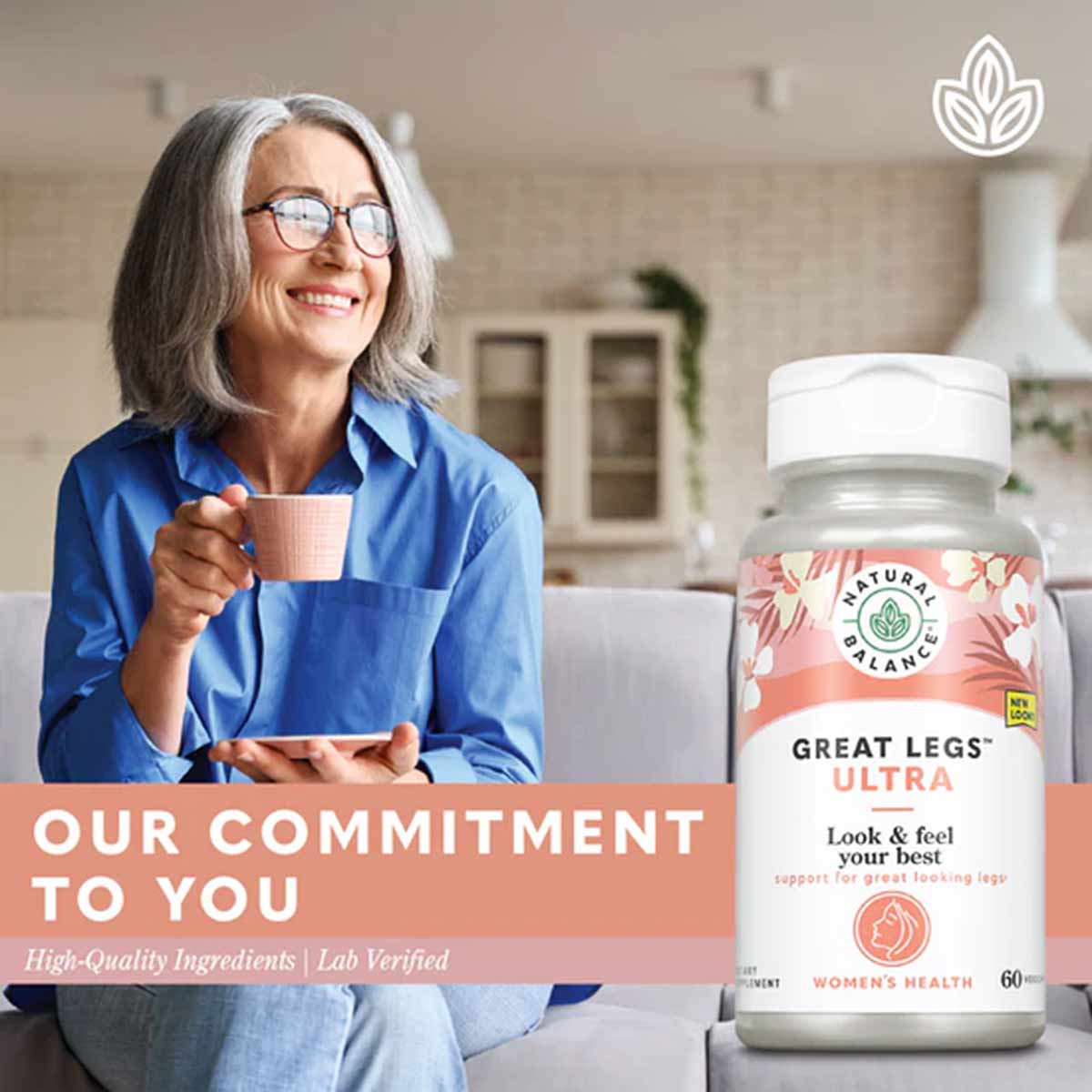 Natural Balance Great Legs Ultra bottle with white cap and peach-colored label next to woman holding cup.