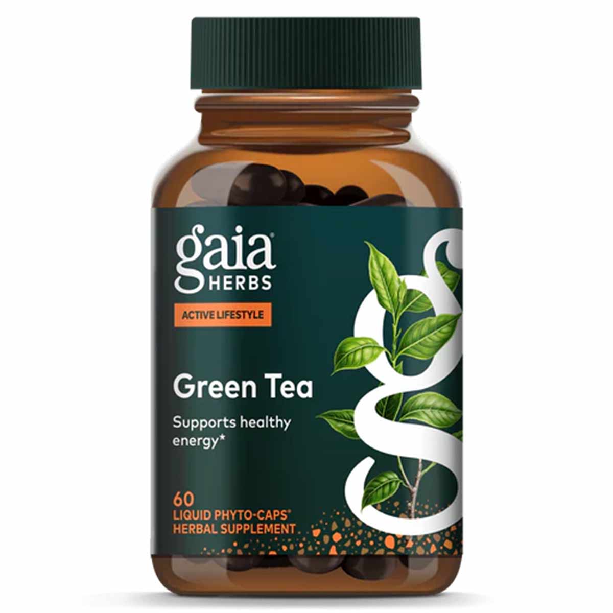 Gaia Herbs Green Tea supplement bottle with dark green cap and label containing 60 liquid phyto-caps.