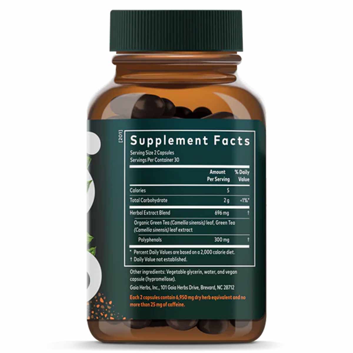 Amber glass bottle with green cap containing dark capsules and green tea supplement facts label.
