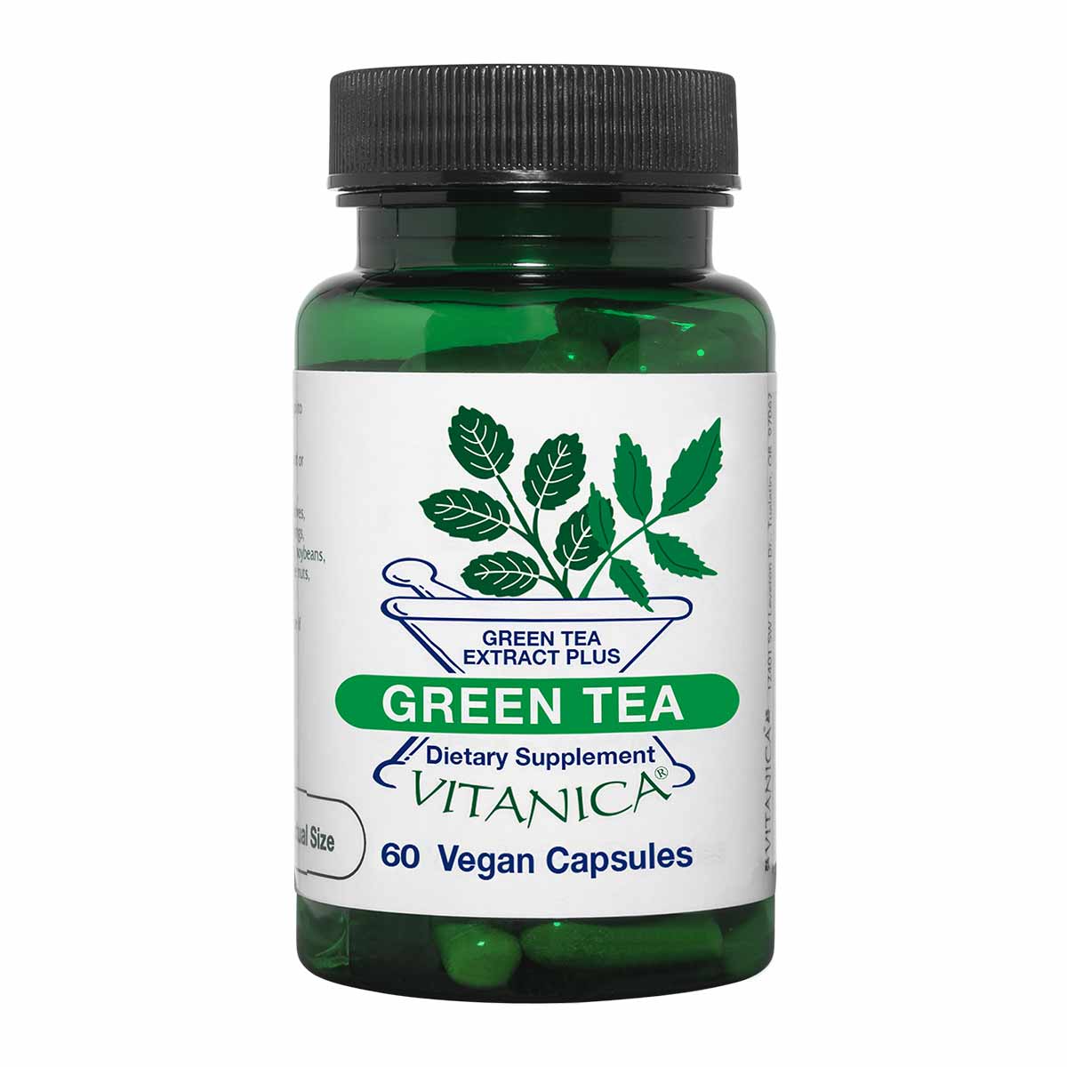 A green glass supplement bottle with a black cap and white label reading Green Tea, Vitanica, 60 Vegan Capsules.