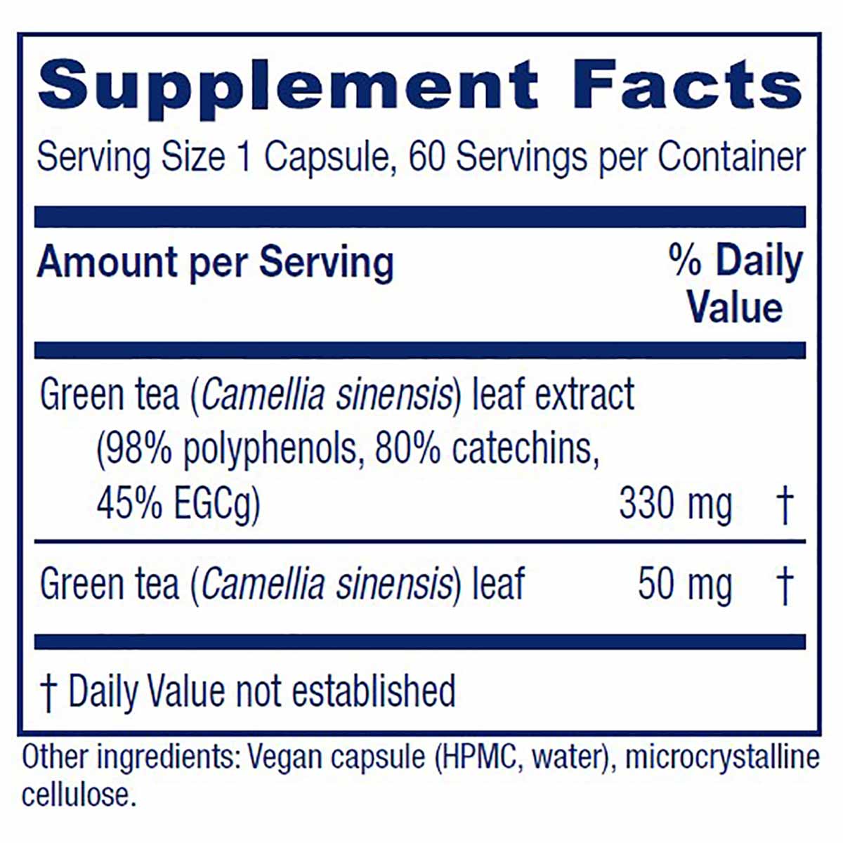 A supplement facts panel lists green tea leaf extract at 330 mg and green tea leaf at 50 mg per capsule.