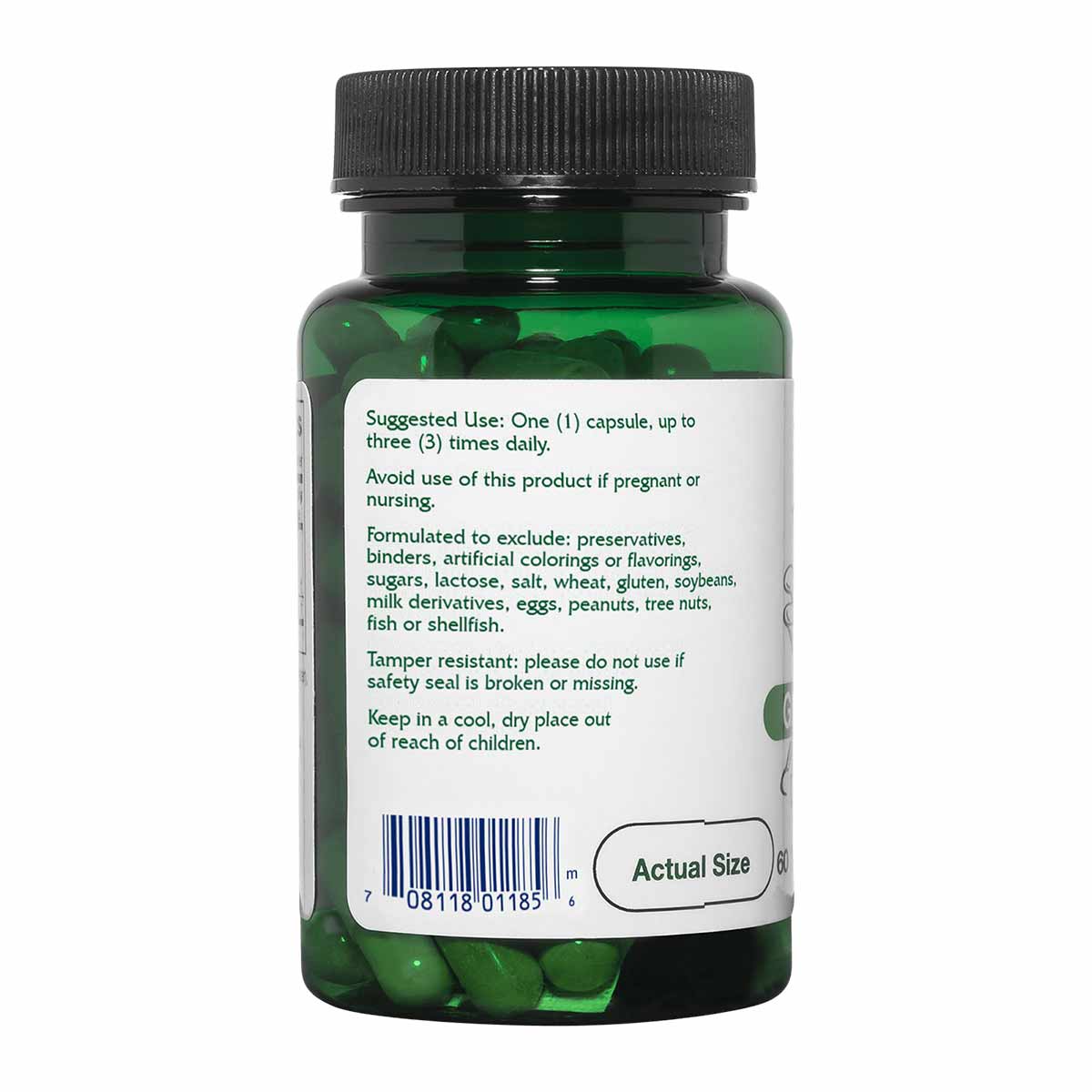 A green glass supplement bottle with a black cap shows a white label with usage directions, warnings, and a barcode.