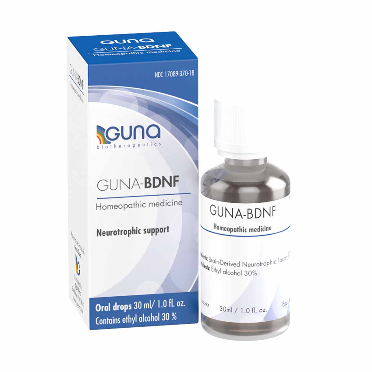Guna-BDNF homeopathic medicine bottle and box, 1 oz oral drops with dropper cap.